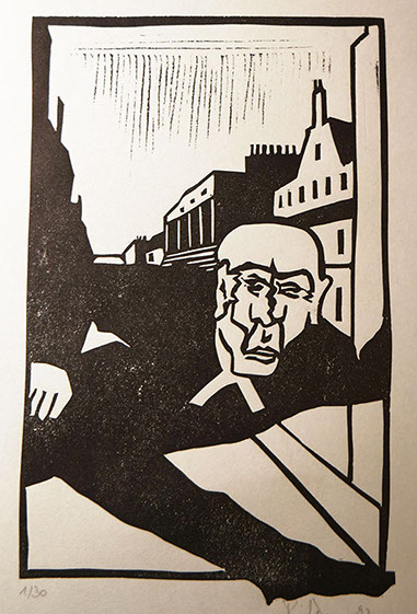 Illustration: Der Heuschreck, Linolschnitt von Gerrit Pithan